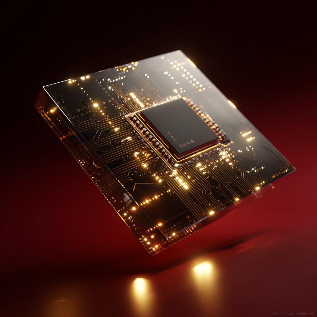 FPGA chip with golden circuit traces rendered as a dramatic 3D object